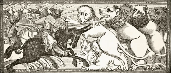 Come Alessandro combatté con leoni bianchi grandi come tori, da una miniatura in un manoscritto del XIII secolo, da 